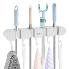4PCS 4 Racks and 5 Hook Broom Mop Holder with Hooks Wall Mounted Broom Storage Rack No Drilling Self-Adhesive Mop Broom Organizer Mop Holder Hanger for Bathroom Office Kitchen Closet Garage,White