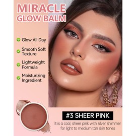 Multi Glow Balm,Miracle Glow Balm Tinted Face Creamy Blush for Cheeks Lip Eye,Hydrating Lightweight & Blendable Color,Shimmer Blusher Facial Makeup, ChristmasGift for Women Girl -03 Sheer Pink