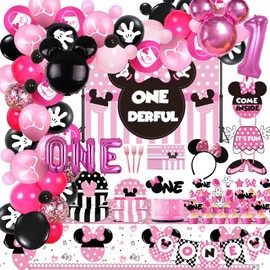 185 Pcs Pink 1st Birthday Party Decorations, Girls Onederful Balloons Arch Garland Kit, Pink Cartoon Onederful Backdrop, TableCloth, Tableware for Girl's First Birtdhay Party Supplies