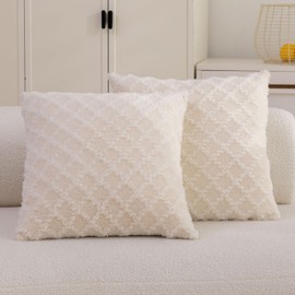 Home Brilliant Super Soft Plush Cushion Covers 45 x 45 Faux Fur Argyle Pillow Covers for Living Room Bedroom Sofa Couch Set of 2, 18x18 inch, Cream