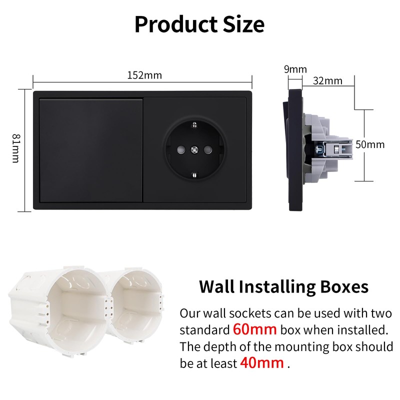 JIMEIDA Socket with Light Switch, Black, Flush-Mounted, Single 1-Way Light