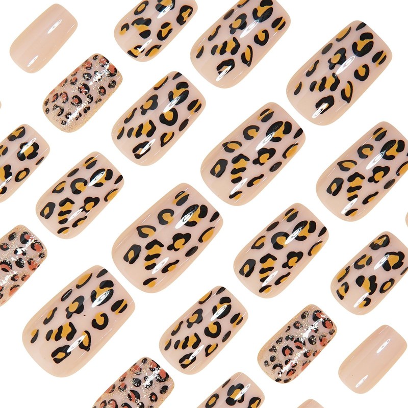 Short Press on Nails Cute Leopard Print Fake Nails Nude