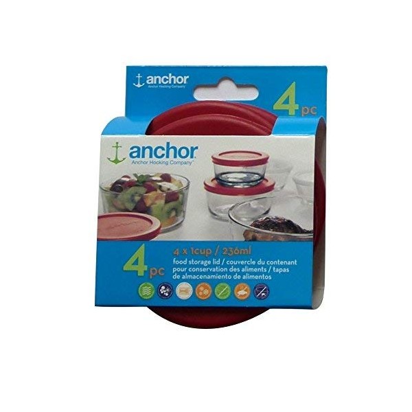 Anchor Hocking Food Storage Replacement Lid 1 Cup/236 ml, set of 4, red round