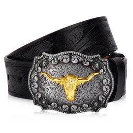 BISON DENIM Mens Western Leather Cowboy Belt - Longhorn Cow Pattern Buckle with Floral Longhorn Bull Texas Buckle Belts