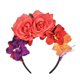 Lofruiin Women's Rose Flower Crown Headband Day of The Dead Headband Mexican Floral Headpiece (A- Orange Red, Free)