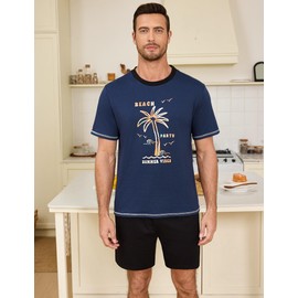 Terecey Men's Offset Print Contrast Color Short Sleeve Shorts Sleep Set, navy blue