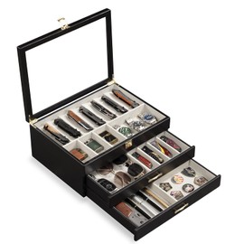 Emfogo Pocket Knife Display Case for Collection of 18-24 Folding Knives, Pocket Case with Real Glass Window Top, Two-Tier Knife Organizer Storage Box, Men's Gift