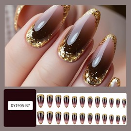 24Pcs Gold French Tip Press on Nails Medium Almond Shaped Golden Glitter Powder Sequins Design Brown Gradient Acrylic Artficial Fingernails Full Cover Acrylic Fake Nail Glossy Glue on Nails for Women