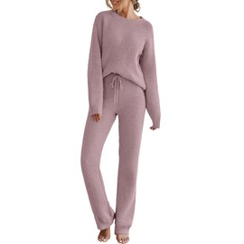 MEROKEETY Womens Fluffy Two Piece Pajama Sets Stretchy Pullover Tops Drawstring Pants Loungewear, Taro, Large