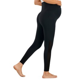 JOYSPELS Maternity Leggings Mesh Pregnancy Pants Over The Belly with Pockets Black XS 28"