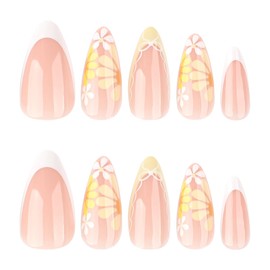Flowers Press on Nails 24 PCS Medium Almond Fake Nails Glossy French False Nails Summer Nail Tips Full Cover Stick on Nails for Women and Girls