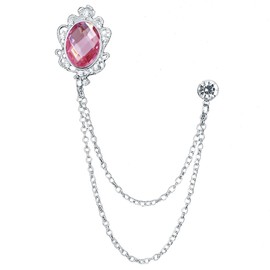 Vintage Gemstone Chain Brooch Pin Rhinestone Long Chain Tassel Suit Pin Zircon Oval Crystal Lapel Pin Jewelry for Women Men (Pink)