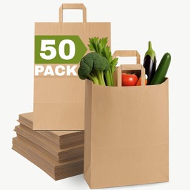 Qutuus Brown Paper Grocery Bags with Handles, Large Brown Paper Bags with Handles Bulk, 12x7x17 inches 50pcs Large Grocery Bag