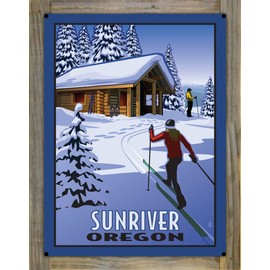 Northwest Art Mall Sunriver Oregon Cross Country Skiers & Cabin Metal Print on Reclaimed Barn Wood from Travel Artwork by Artist Paul Leighton 17" x 23"