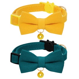 2 Pack Soft Corduroy Cat Collars with Bow Tie Bell Adjustable Breakaway Clasp Cute Kitty Bowtie Collars for Cat Kitten