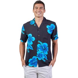 Favant Tropical Luau Beach Hibiscus Floral Print Men’s Hawaiian Aloha Shirt (XXX-Large, Black/Blue)