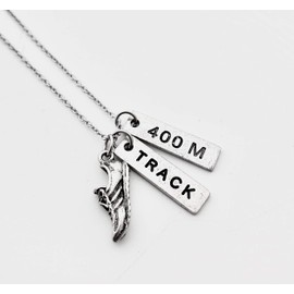 Pewter RUN TRACK 400M Necklace - Pewter Running Shoe Charm, Pewter TRACK Pendant and Pewter 400M Pendant on 18 inch Stainless Steel Cable Chain - All Pewter