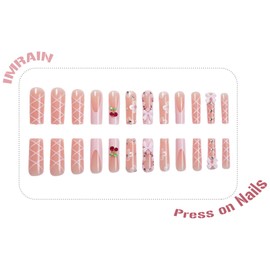 IMRAIN Press on Nails Long Square Fake Nails Pink French Tips False Nails with Cherry & Flower Designs Full Cover Cute Glossy Glue on Nails Acrylic Squoval Stick on Nails for Women Girls