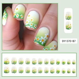 FOXIIU Press on Nails Short Square Green Glossy Full Cover Acrylic False Nails Square Shaped with Flower Designs Artificial Square Short Length Fake Nails with Glue Stick on Fingernails for Women