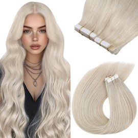 Sunny Hair Tape in Hair Extensions Platinum Blonde 20in Invisible Tape in Hair Extensions Human Hair Color 60 Platinum Blonde Human Hair Extensions for Girl,Add Length 50g 20pcs
