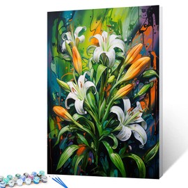 Spring Green Lily Flower Paint by Numbers for Adults Graffitic Wildflowers Art DIY Digital Oil Painting Acrylic Paint White Floral Paintwork Kits Canvas Home Room Decor 20x16 Inch Boho Gift(Frameless)