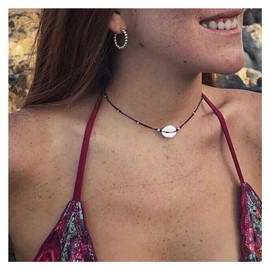 Allereyae Boho Cowrie Shell Choker Necklace Black Leather Cord Necklace Silver Beaded Choker Necklace Punk Leather Necklace for Women