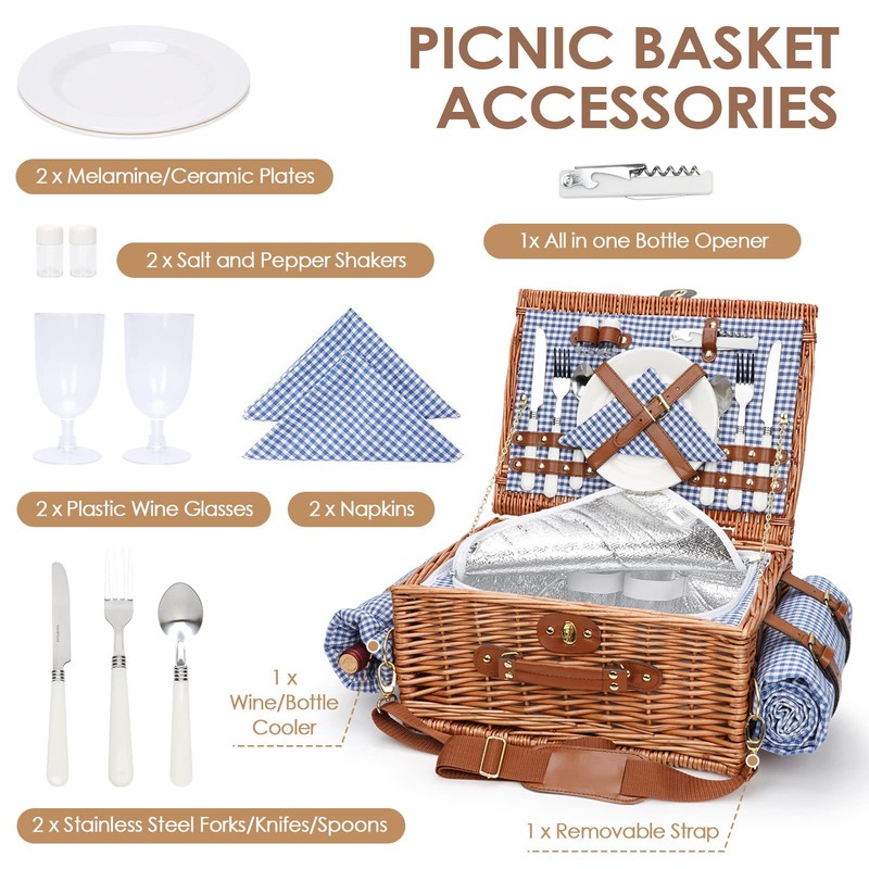 Picnic Basket for 2, Insulated Willow Picnic Baskets with Shoulder