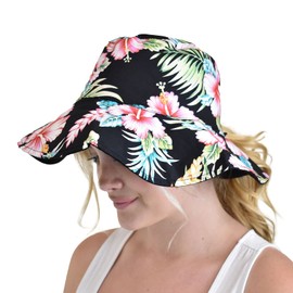 C.C Women's 100% Cotton Crushable Bucket Ponytail Messy Bun Sun Hat Reversible, Flower Black