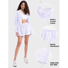 EXLURA Women's Summer 2 Piece Sets Long Sleeve Button Down Shirts Matching Short Sets Oversized Spring Vacation Outfits 2025