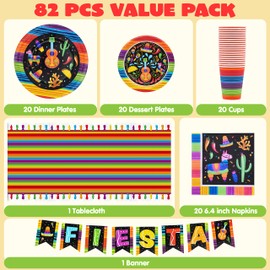 JOYIN 82PCS Fiesta Tableware Set, Mexican Party Supplies Packs for Cinco De Mayo Table Decorations, Fiest Themed Dessert Plates Fiesta Party Napkins Forks, Carnivals Event, Dia De Muertos Festivals