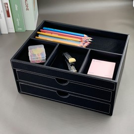 SYRWDXTX Household Multifunctional Desktop Storage Cabinet, Office File Cabinet Made of Leather, Drawers and Four Separate Organizers, Storage Box on The Bedside Table in The Room (Black)