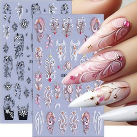 2Pcs Flower Nail Art Stickers Black White Pink Cane Vine Nail Design Decals Exquisite Floral Nail Supplies French Nail Stickers Retro Flower Nail Decals Spring Nail Art Decoration for Acrylic Nail DIY
