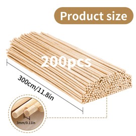 200 Pcs Round Wooden Sticks, 300mm x 3mm Wooden Dowel Rods, Natural Round Bamboo Dowel Rods for Woodcraft, Art Projects and DIY Crafts