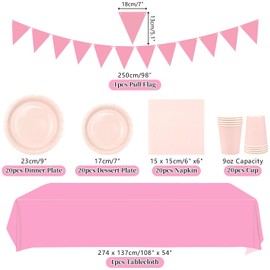 Pink Party Tableware Supplies - Serves 20, Pink Pastel Party Decoration Dinnerware includes Plates, Cups, Napkins, Banner, Tablecloth for Graduation Wedding Birthday Party Baby Shower Decorations