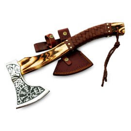 Hand Forged Carbon Steel Etched Viking Axe with (Ash Wood) Handle -with Premium Leather Sheath - Ideal for Camping Axe - Survival Axe - Bushcraft Axe Gift for Him. CX-00786