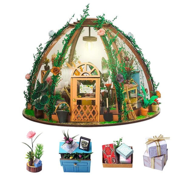 TuKIIE DIY Miniature Dollhouse Kit with Furniture, 1:24 Scale Creative Room Mini Greenhouse Wooden Doll House for Kids Teens Adults(Star Garden)