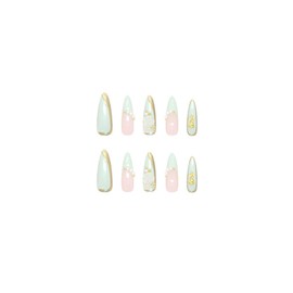 SINHOT Stiletto Press on Nails Long - Green Fake Nails Glossy Glue on Nails 3D Gold Rose Acrylic Nail Supplies White Pearls Almond Artificial Nail Art Stick on False Nails with Design DIY 24 pcs