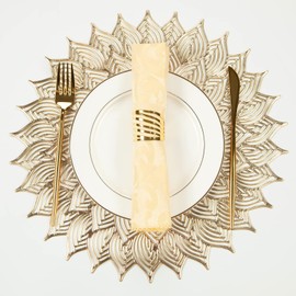 Crisjanggo Gold Placemats Set of 6 Hollow Out Round Placemats Dining Table Decoration Blooming Leaf Vinyl Table Mats for Wedding Accent Centerpiece