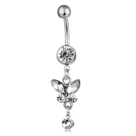 IS4U Rheinstone Butterfly Belly Button Rings Surgical Stainless Steel Diamond Pendant Navel Rings Crystal Navel Nails Butterfly Jewelry for Women (White)