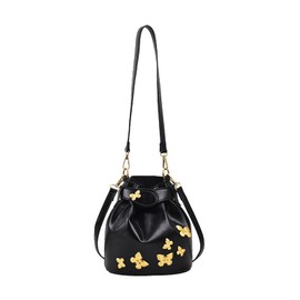 CORIOS Women's Bucket Bag PU Leather Handbag Waterproof Shoulder Bag Butterfly Crossbody Bag Small Capacity Messenger Bag Elegant Satchel Bag Retro Top-Handle Bag Black