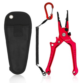 SANLIKE Fishing Pliers,Fish Lip Gripper,Multi-Function Fishing Tools, Aluminum,Fishing Line Cutter with Retractable Lanyard, Fly Fishing Accessories and Ice Fishing Gear, Fishing Tackle(RED)
