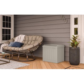 Suncast 22-Gallon Small Deck Box-Lightweight Resin Indoor/Outdoor Storage Container and Seat Cushions and Gardening Tools Store Items on Patio, Garage, Yard, 22 Gallon, Light Taupe