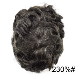 Mens Toupee Wigs Invisible Mens Hair Replacement Poly Hairpiece V-loop 0.04mm Thin Skin Human Hair System Gray Man Hair Unit Gray Wig for Men 8"x10",#230 Darkest Brown+30%Gray-100%Light to Med-Light