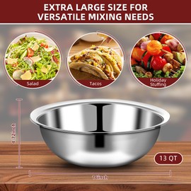 TREEHAC 8 Pcs 16 Inch Stainless Steel Mixing Bowls with 13 Quart Capacity for Kitchen Prep Salad Baking and Cooking Use