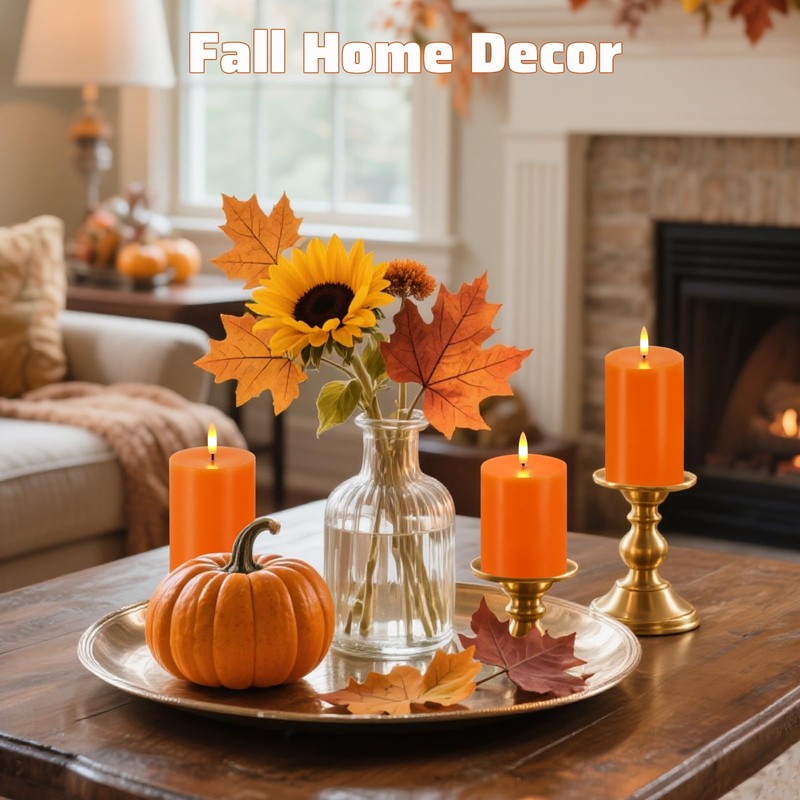 VEEKI Orange Flameless Candles, Set of 3 Flickering LED Candles