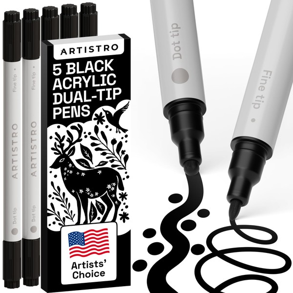 ARTISTRO 5 Black Dual-Tip Acrylic Paint Pens for Rock, Ceramic,