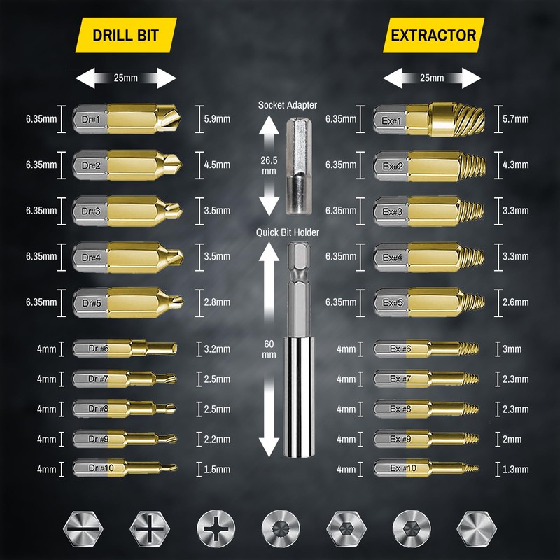 DTRUCTIEW 22PCS Titanium Damaged Screw Extractor Set, HSS 4341 Screw