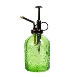 SDlumeiy 11.8 Ounce Glass Plant Spray Bottle, Glass Leaf Print One Handed Watering Can with Antique Brass Plastic One Handed Top Pump, 7.6 Inch Tall Indoor and Outdoor Plant Small Spray Bottle (Green)