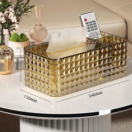 Paper Holder, Golden Diamond Tissue Box Holder with Transparent Rectangular Tissue Box Lid Fashion Beautiful Sturdy Space Saving for Dressing Table Bedside Car Decoration