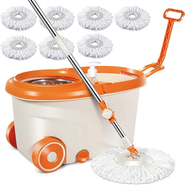 MASTERTOP Spin Mop & Bucket with Wringer Set, Floor Cleaning, Household Cleaning Supplies, Stainless Steel Spinning Mop Bucket, 7 Microfiber Mop Refills, 57" Extended Handle, 2 Wheels Easy Moving